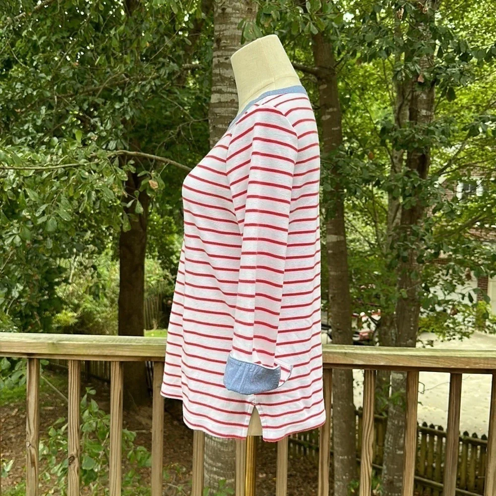 NAUTICAL RED White Striped SAILOR Top Chambray Trim Crew Neck Medium - Picture 5 of 8